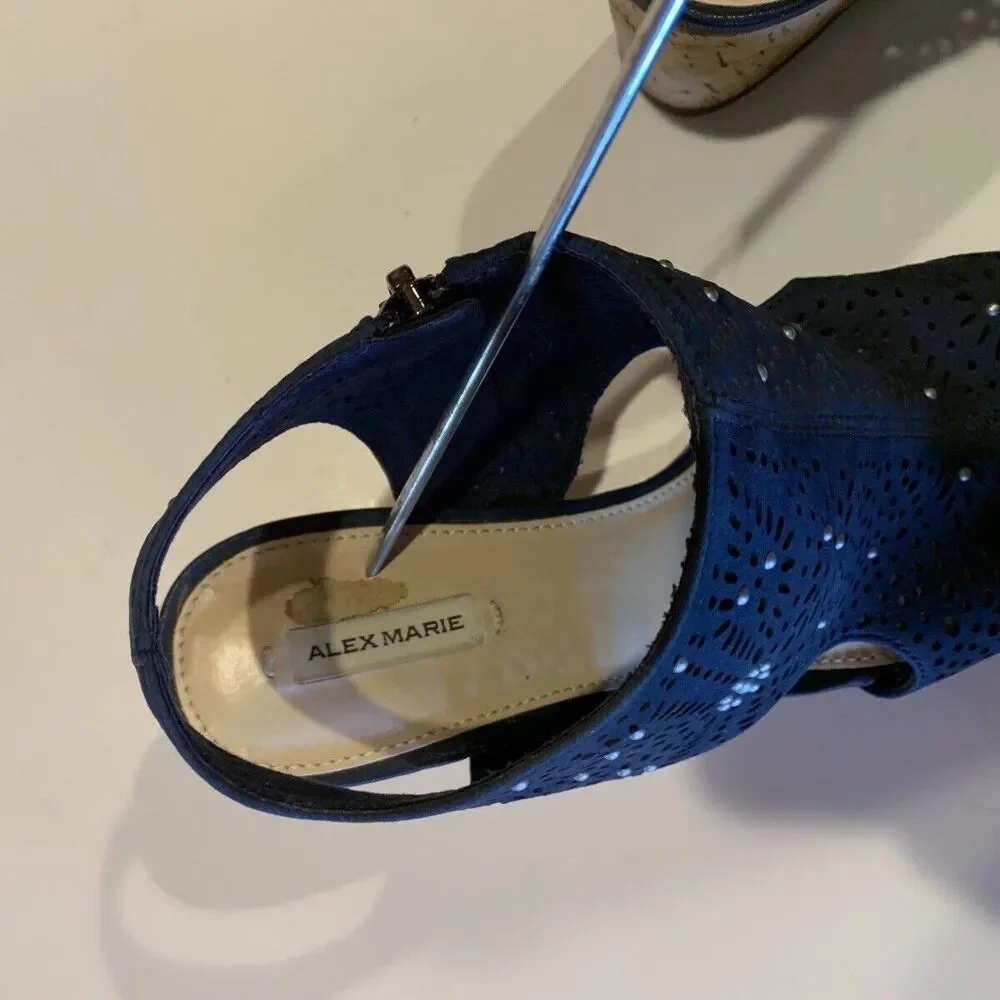 Alex Marie Women’s Sz 6.5 Leather  Cork Wedge Heels Sandals Shoes Navy *READ*